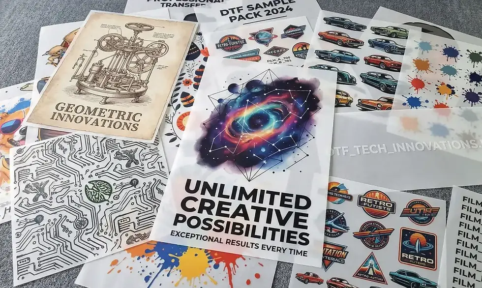 Übersicht verschiedener DTF-Drucke mit komplexen Grafiken als Beispiel für kreative Textilveredelung in Recklinghausen.