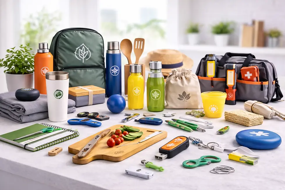 Vielfältige Auswahl moderner Werbeartikel wie Trinkflaschen, Taschen und Schreibgeräte für Unternehmen in Recklinghausen.