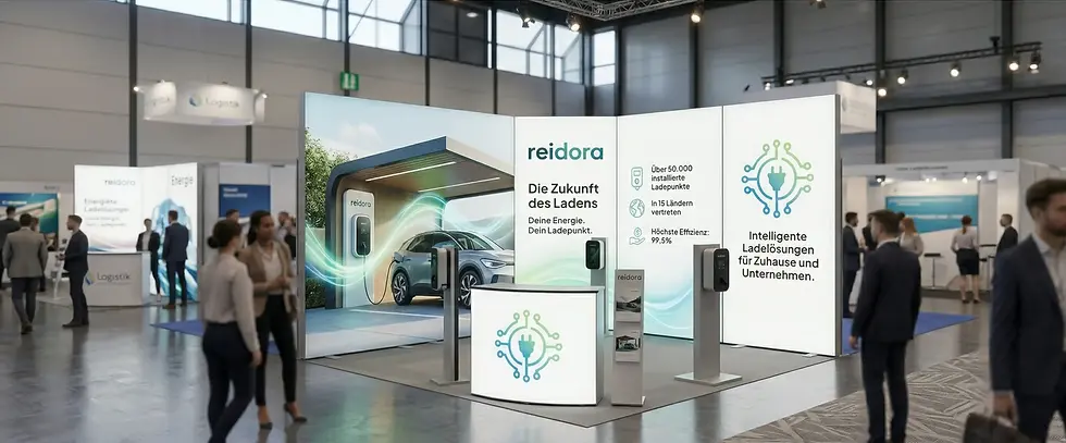 Moderner Messestand für reidora Ladelösungen mit hinterleuchteten Wänden, realisiert durch Remise GmbH.
