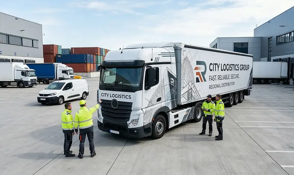 LKW-Beschriftung und Flottenwerbung für Logistikunternehmen auf modernem Sattelzug im Betriebshof