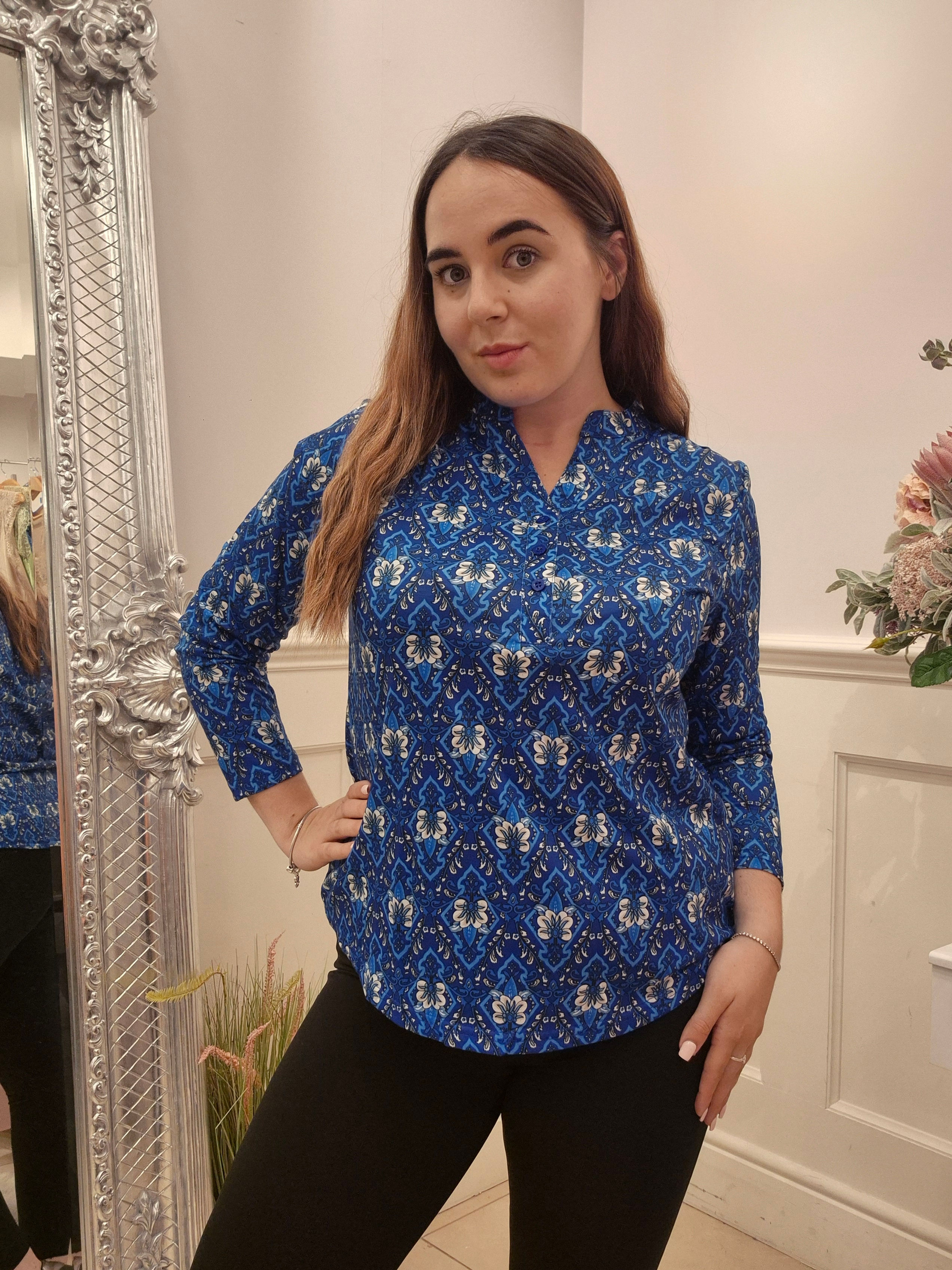 Paco Nehru Collar Top Blue Teal