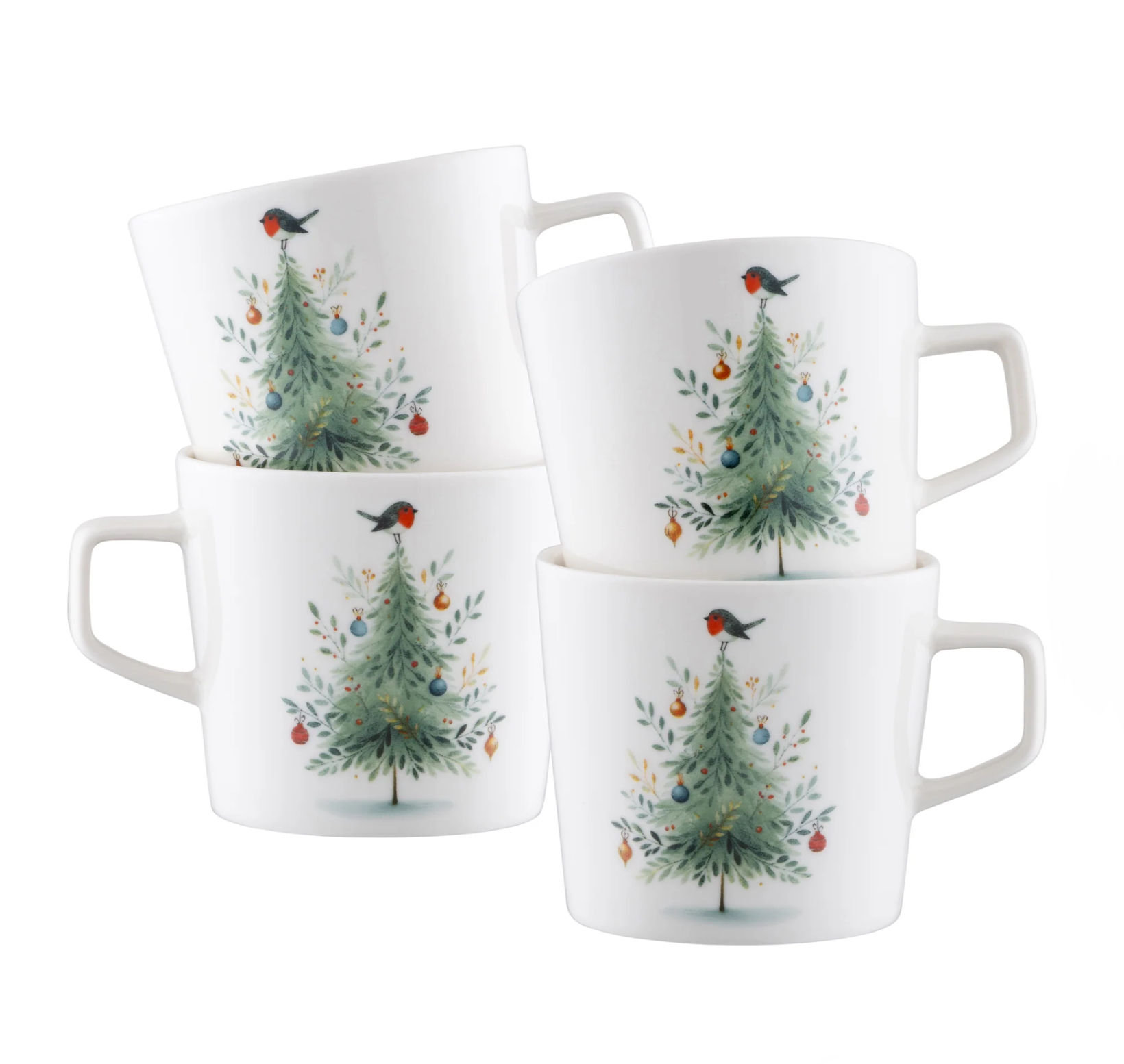 Aynsley Little Robin Christmas Tree Mugs Set of 4