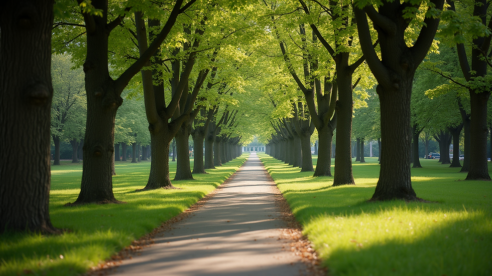 Eye-level view of a serene park path surrounded by trees
