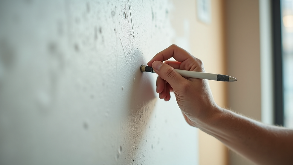 Close-up view of painter’s hand smoothing wall surface before painting