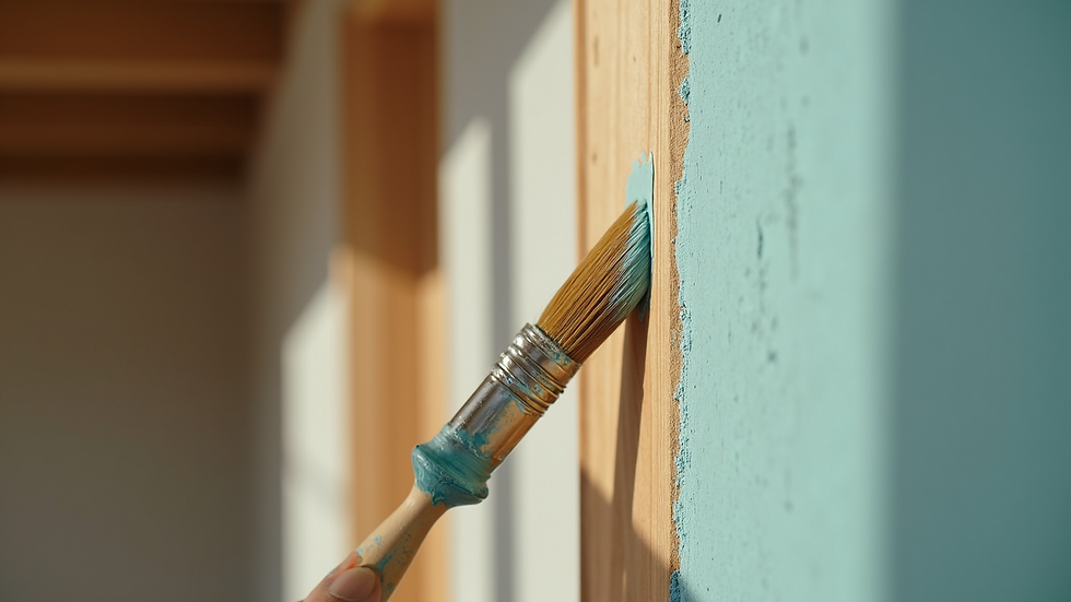 Close-up view of paintbrush applying fresh paint on a wooden door