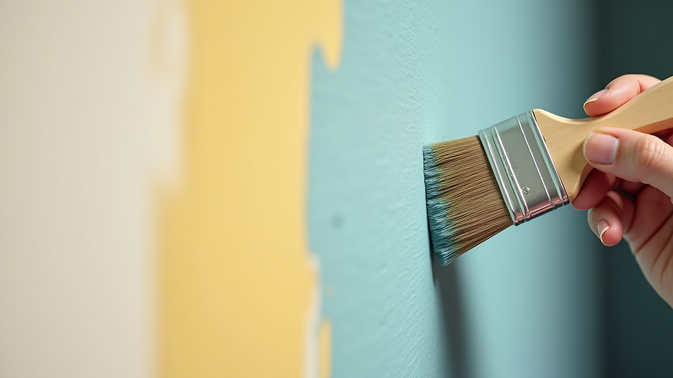 Close-up view of paintbrush applying fresh paint on a wall