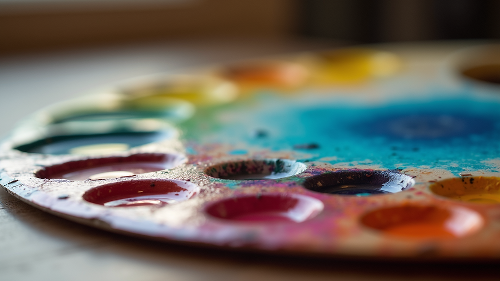 Close-up view of vibrant paint colors on a palette