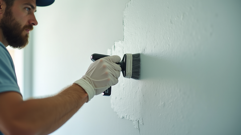 Eye-level view of painter applying primer on a wall
