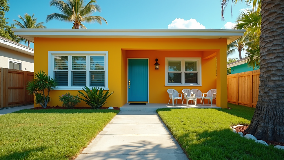 Eye-level view of a freshly painted Miami home exterior with vibrant colors