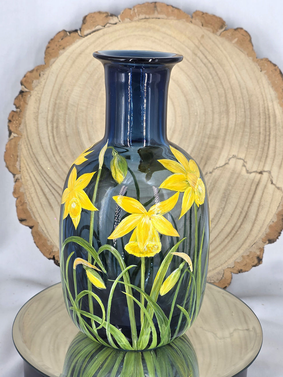 Thumbnail: Unique hand painted vase with bright yellow daffodils