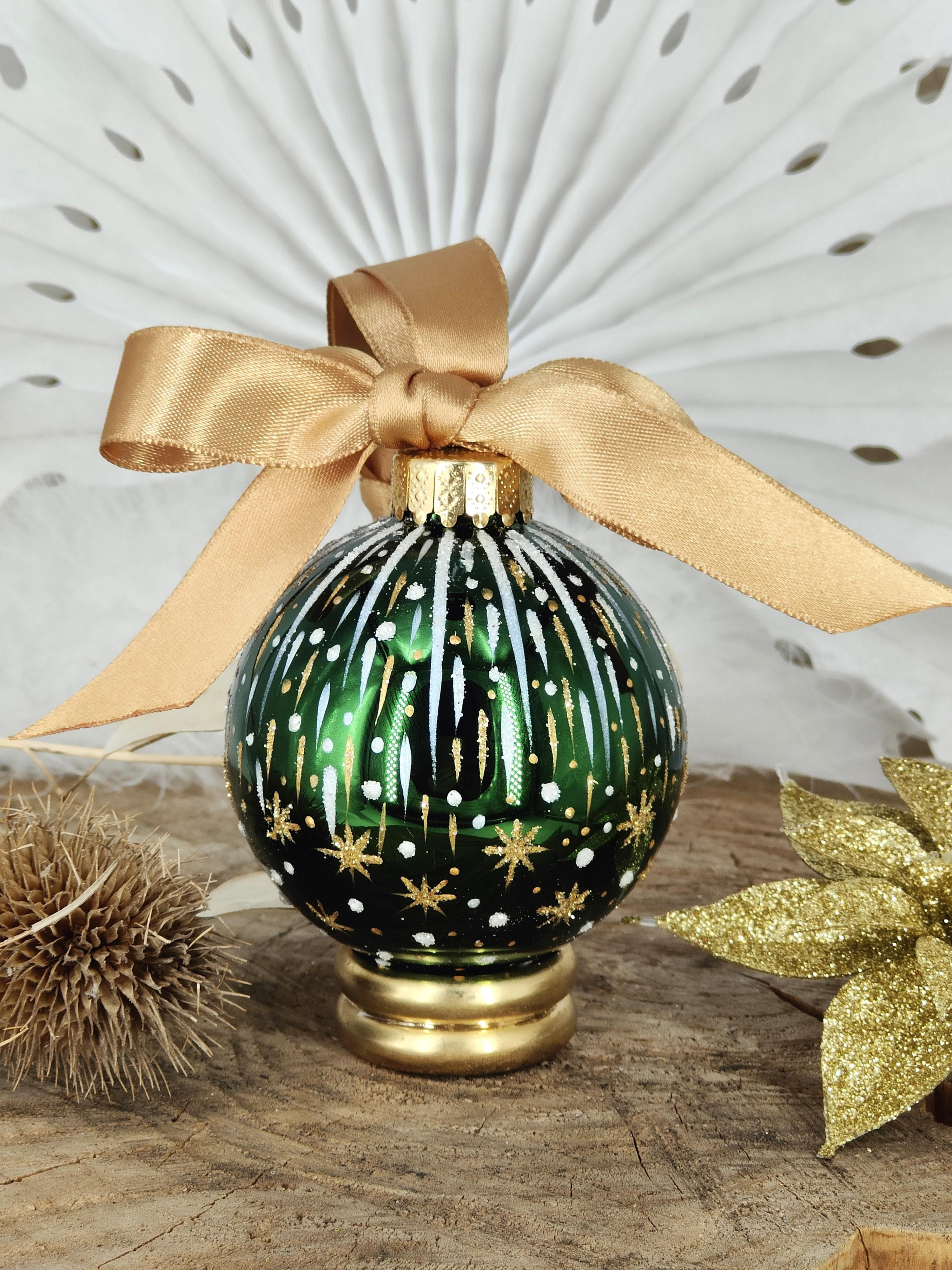 Green Glass Bauble Hand Painted with Shooting  Stars & Snowdrops