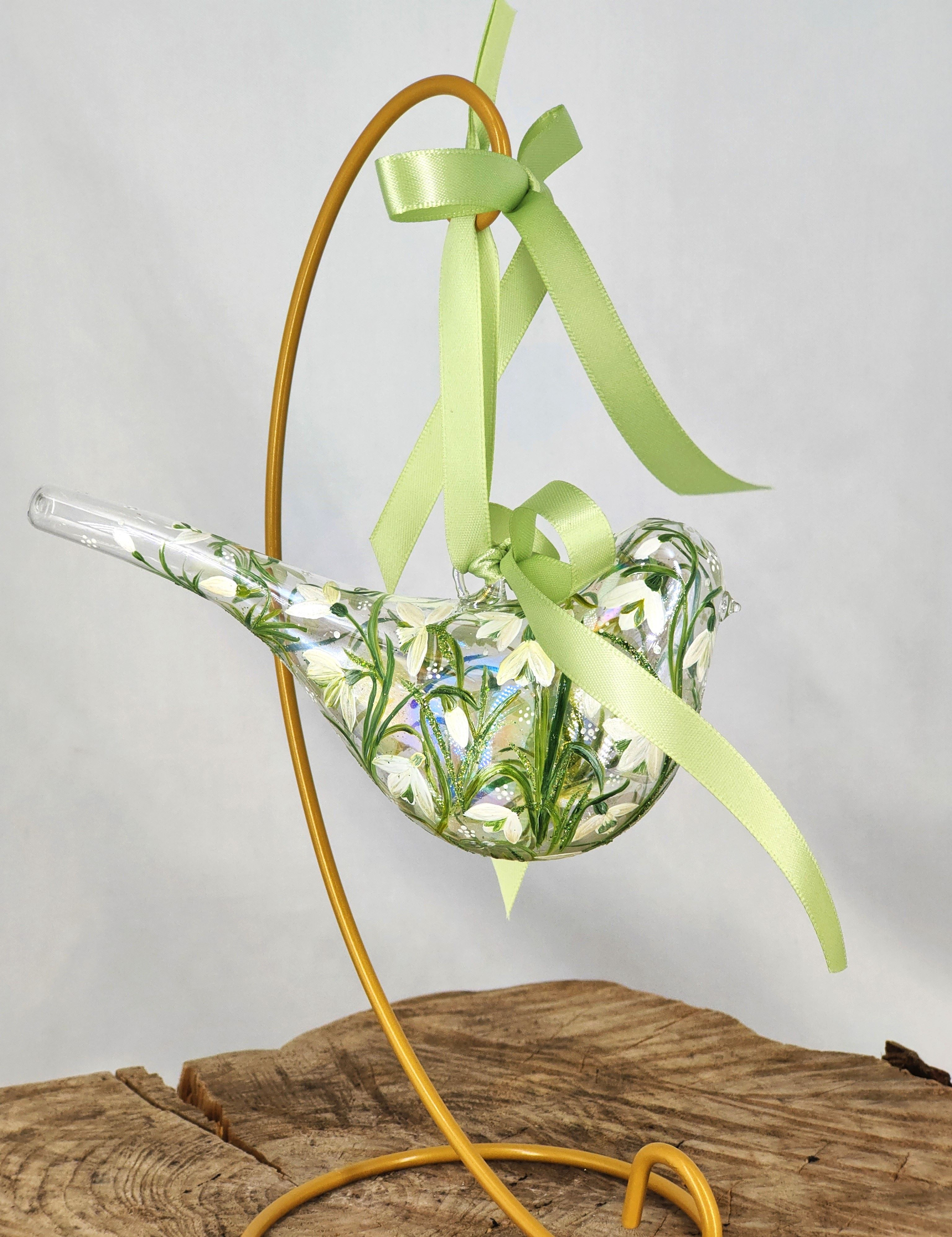 Glass bird bauble with hand painted snowdrops