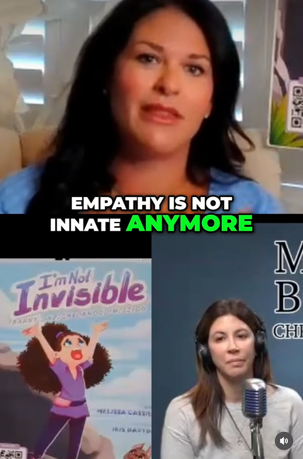 Two women in a video chat. Text: "EMPATHY IS NOT INNATE ANYMORE." A poster reads "I'm Not Invisible" with an animated character. Mood: thoughtful.