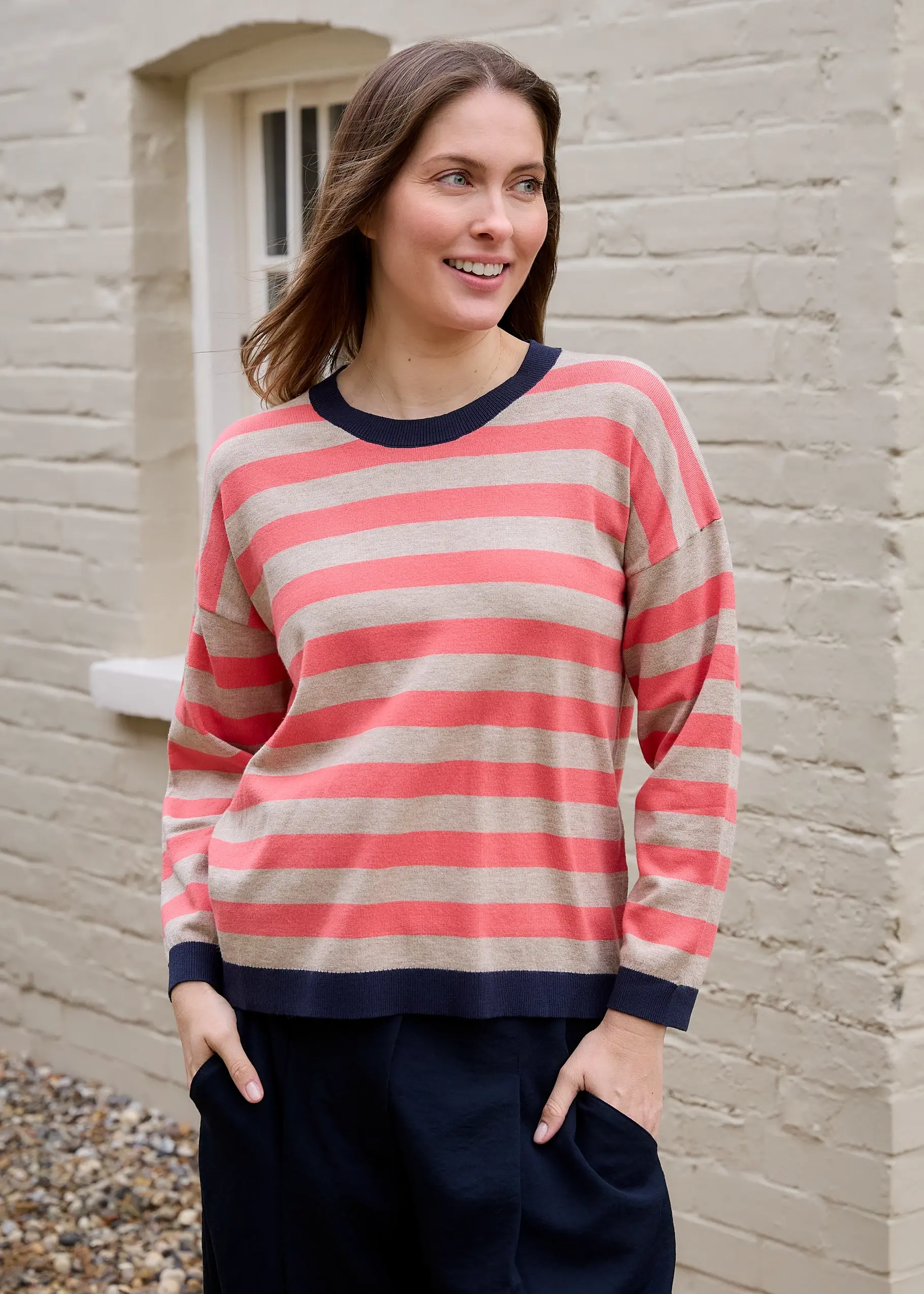 Roxy Crew Neck Block Stripe Jumper - Coral