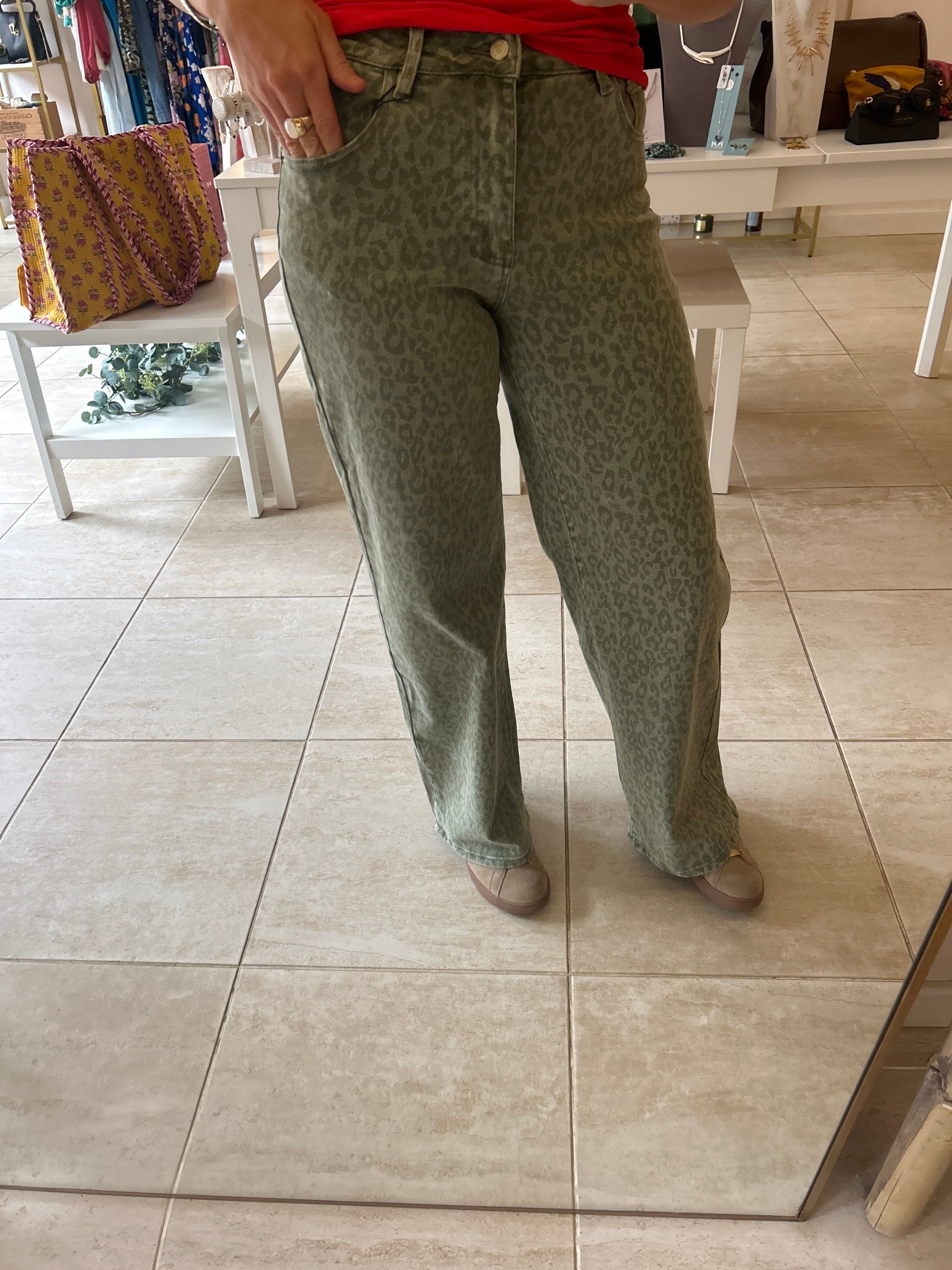 Khaki Leopard Print Wide Leg Jeans 