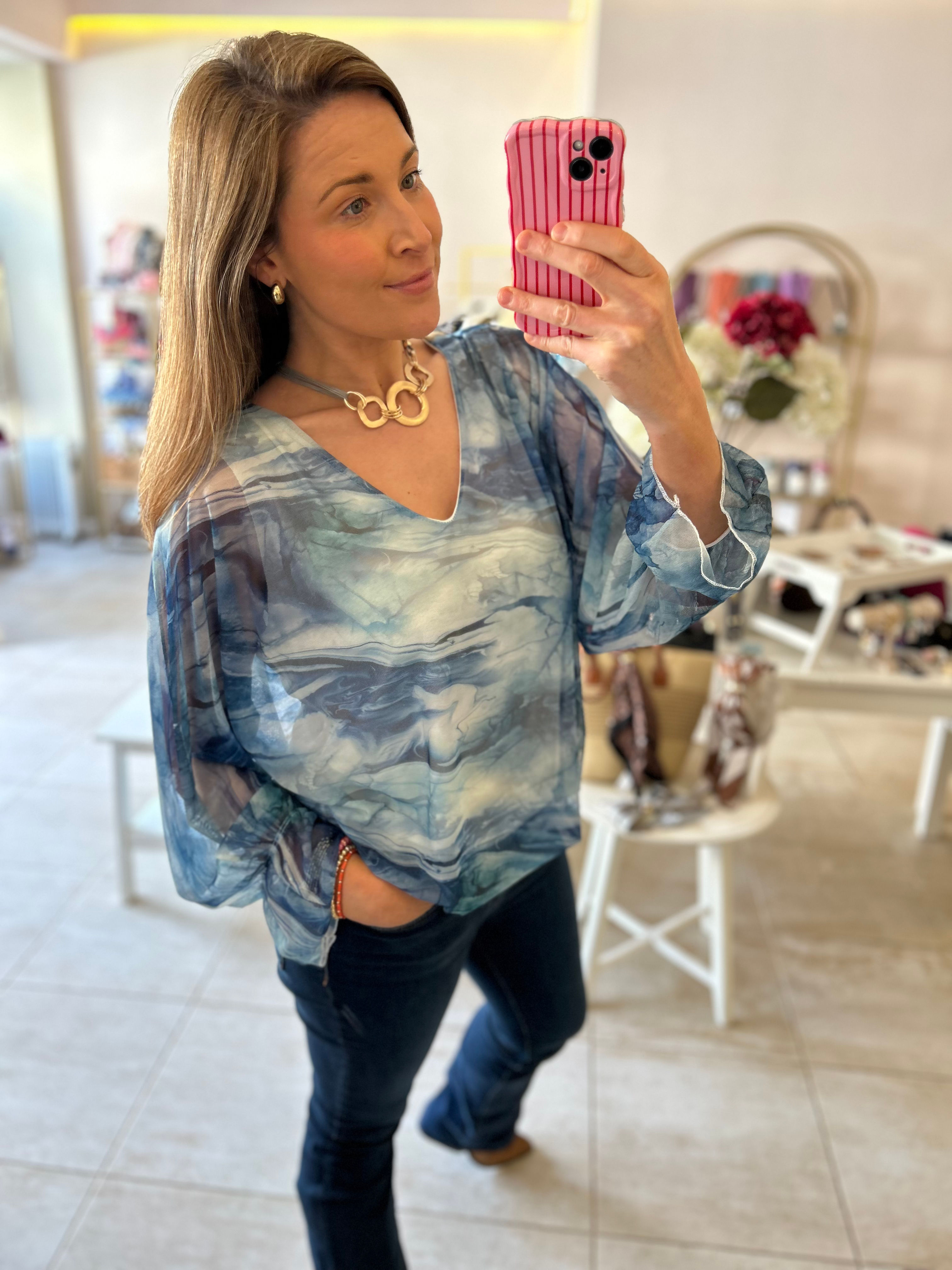 Marble Tie Back Top - Blue