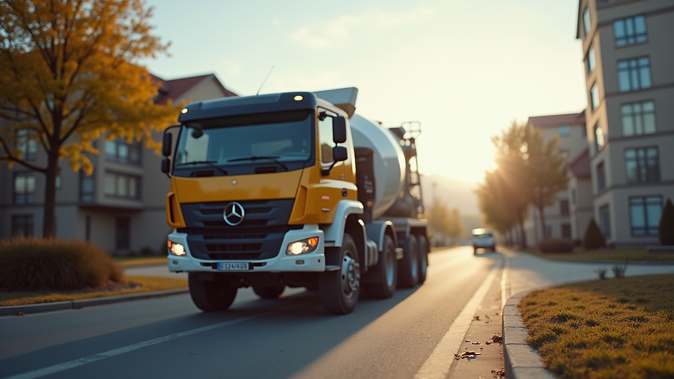 Close-up view of a ready-mix concrete truck delivering concrete