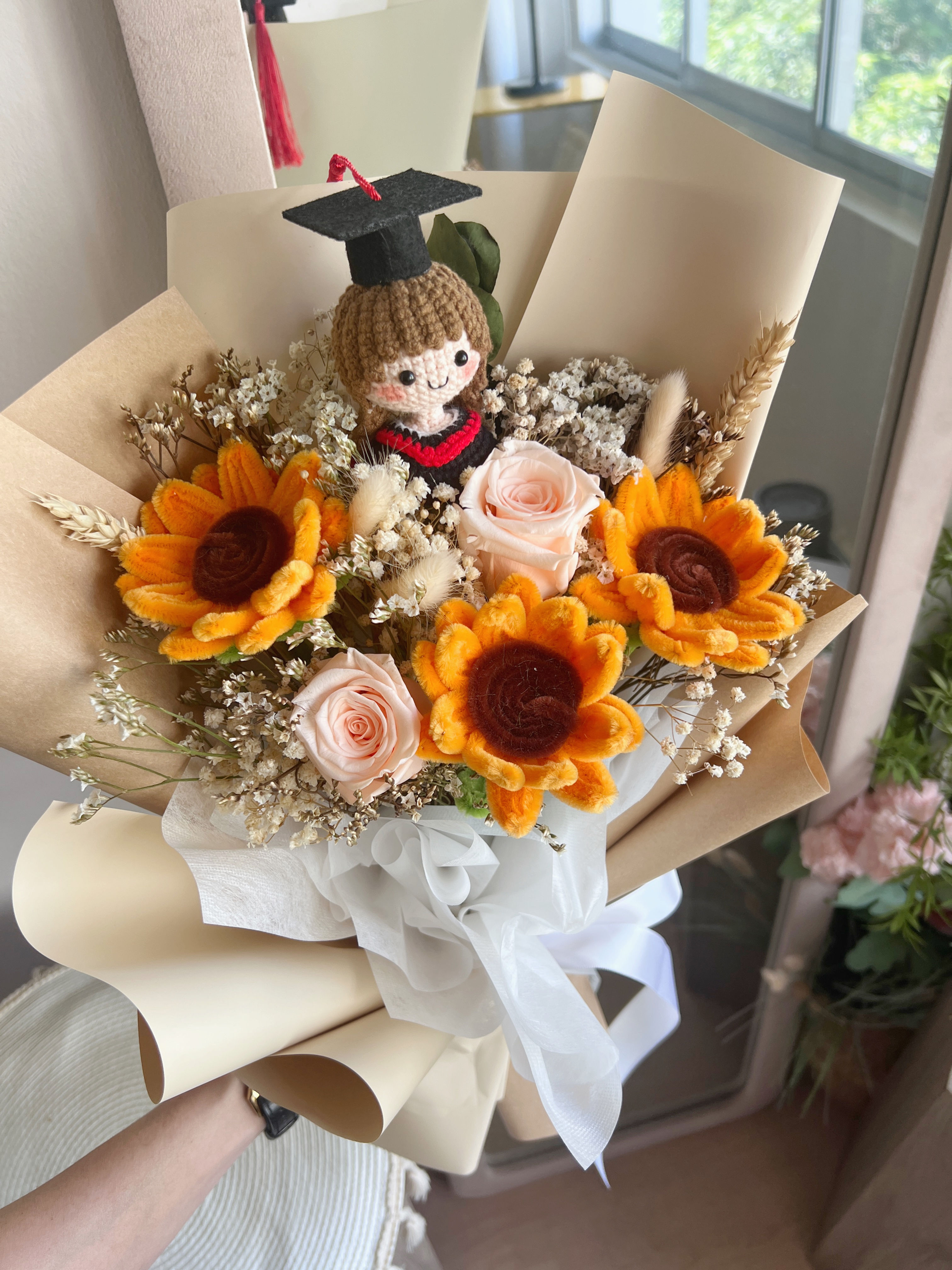 graduation bouquet crochet figure preserved flowers