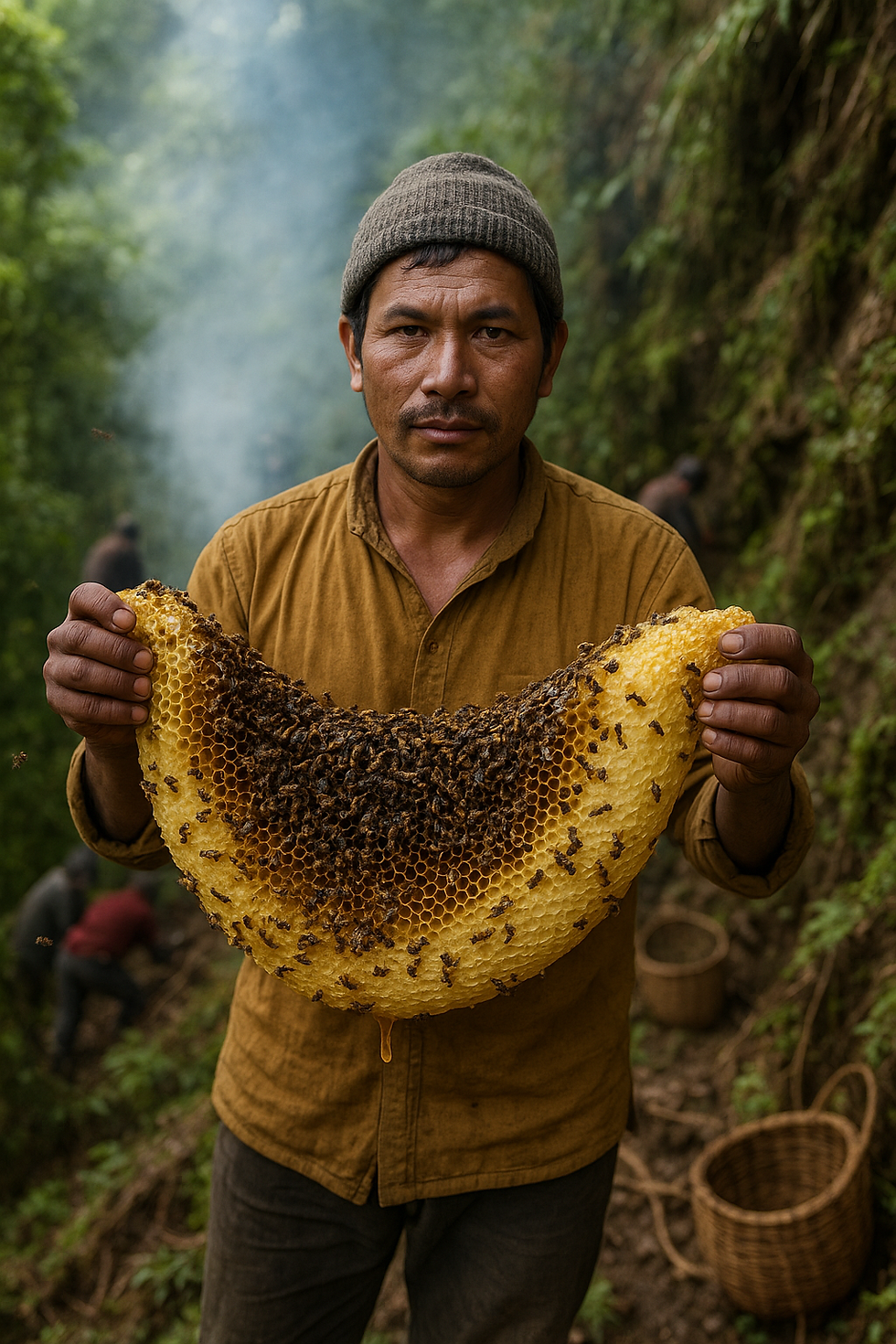 A Himalayan Honey hunter holding a giant honey comb.