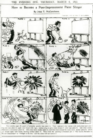 Cubist cartoon titled “How to Become a Post Impressionist Slinger,” showing early critical satire of modern art styles at the Armory Show, 1913.