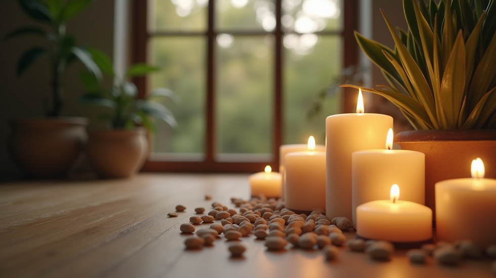 Close-up view of a serene meditation space with candles and plants
