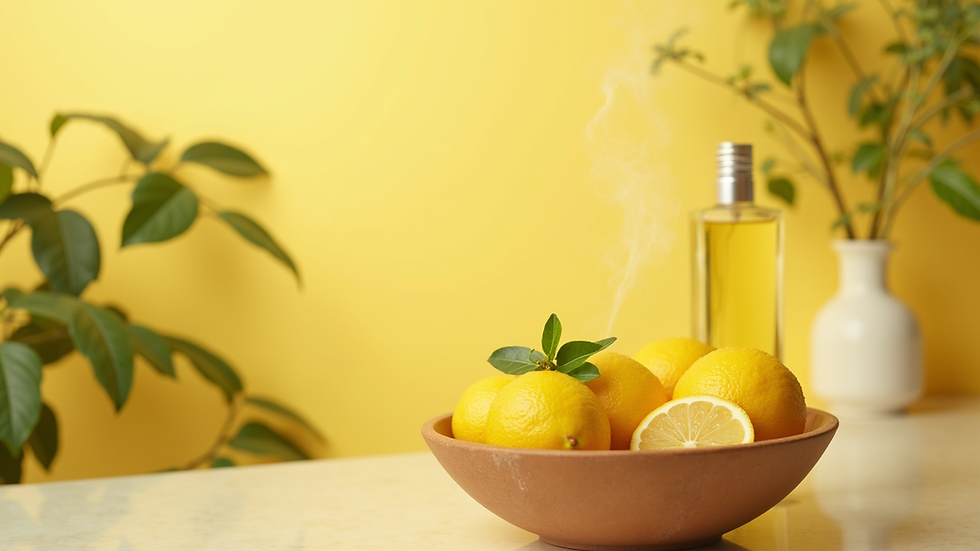 Vue en plongée d'un diffuseur d'huiles essentielles avec des gouttes d'huile de citron