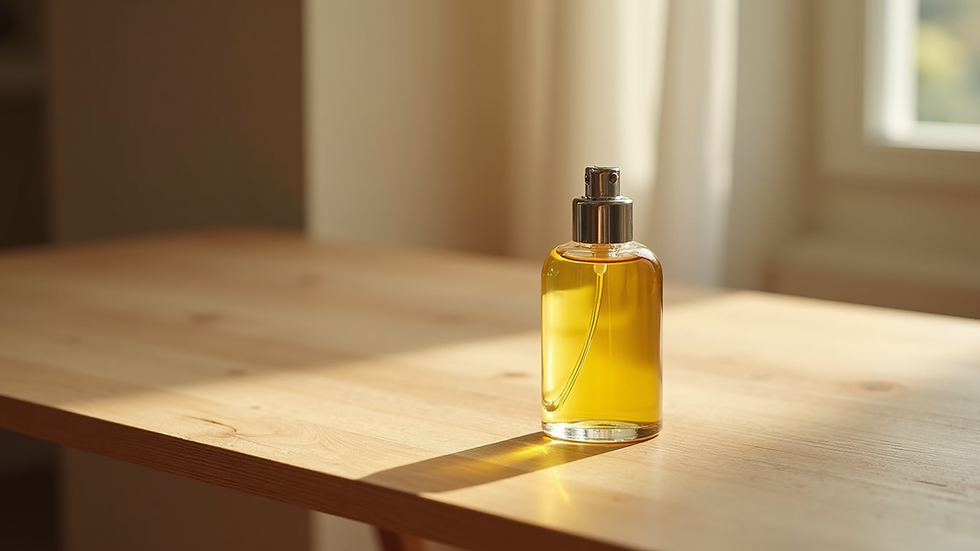 Vue rapprochée d'un flacon d'huile essentielle posé sur une table en bois clair