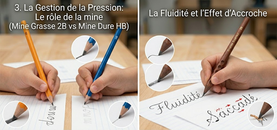 Photo Gauche - La pression : Mine tendre (2B) se dépose facilement, trace nette sans effort. Mine dure (HB) nécessite de la pression, sinon trace illisible. Photo Droite - La fluidité : Glisse constante (2B), mouvement fluide, liaison des lettres facilitée. Crayon qui accroche : mouvement saccadé, fatigue et tracé interrompu.