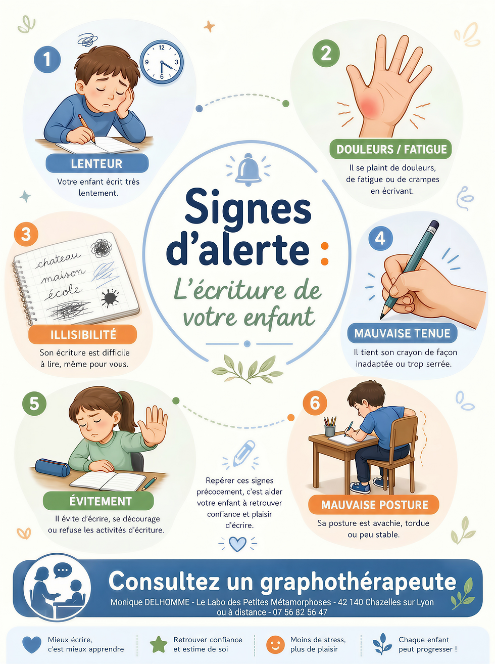 cette affiche identifie les signaux qui peuvent indiquer des difficultés dans l'écriture de votre enfant. Une intervention précoce peut faire une différence significative dans son parcours scolaire et son bien-être.
