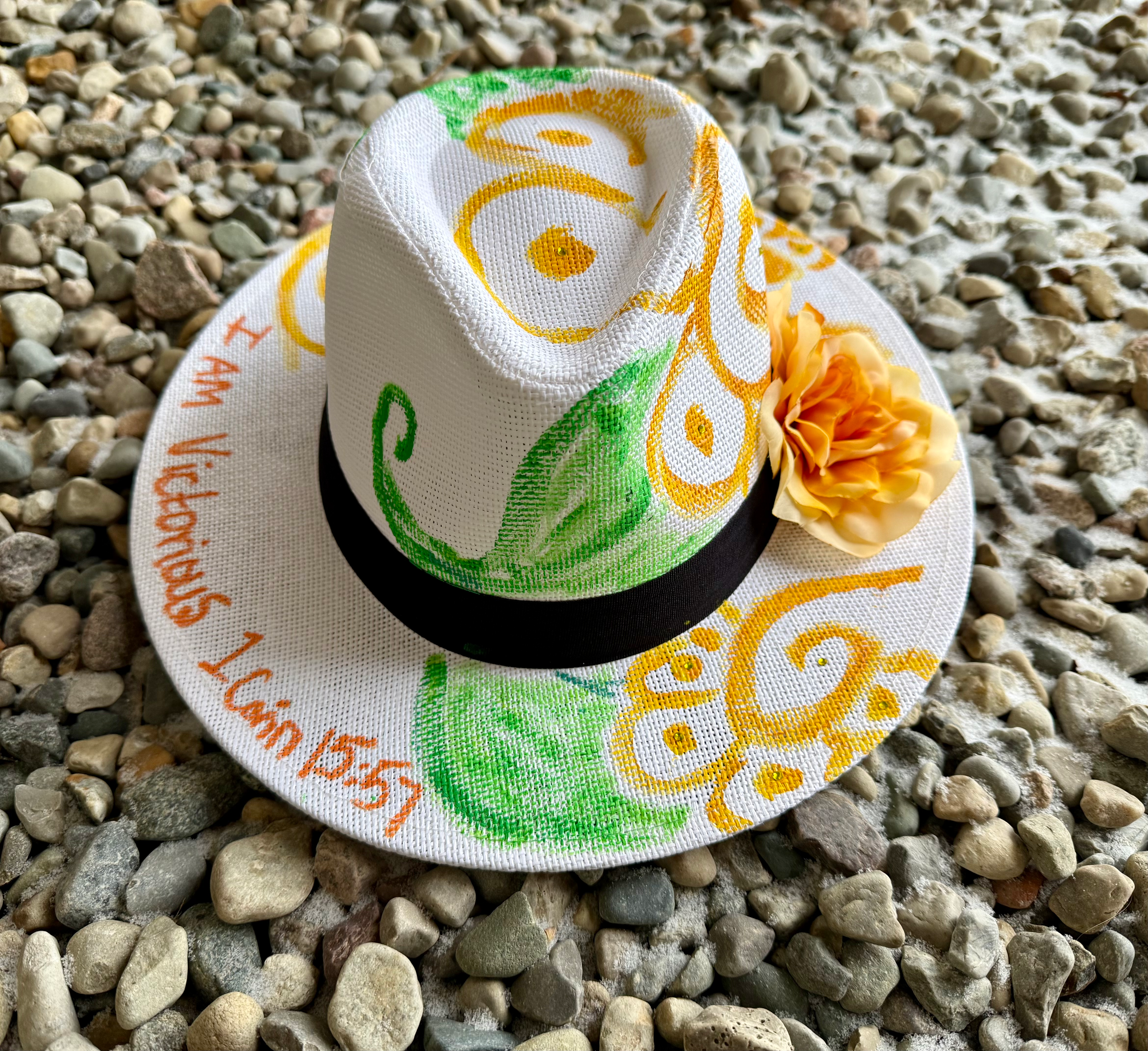White Jute Hand-Painted Cowboy Hat with Identity Scripture Yellow Flower Women’s
