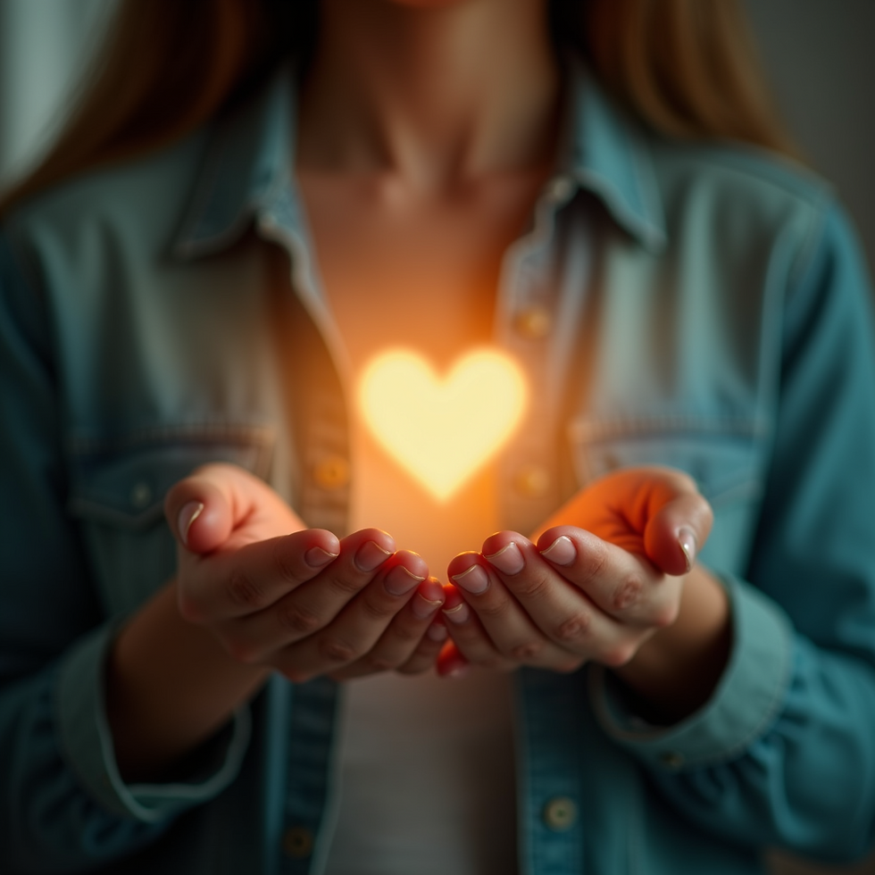 A person holds a glowing heart in cupped hands, wearing a denim jacket. Warm, soft lighting creates a comforting mood.