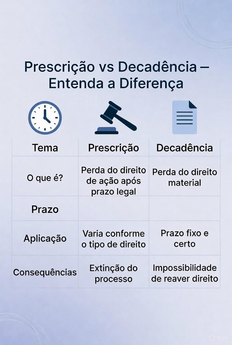 🕒 Prescrição x Decadência? Aqui você vai entender a diferença entre prescrição e decadência.
