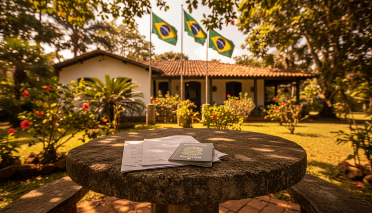 Vista ampla de uma casa brasileira com documentos sobre uma mesa de pedra ao ar livre.