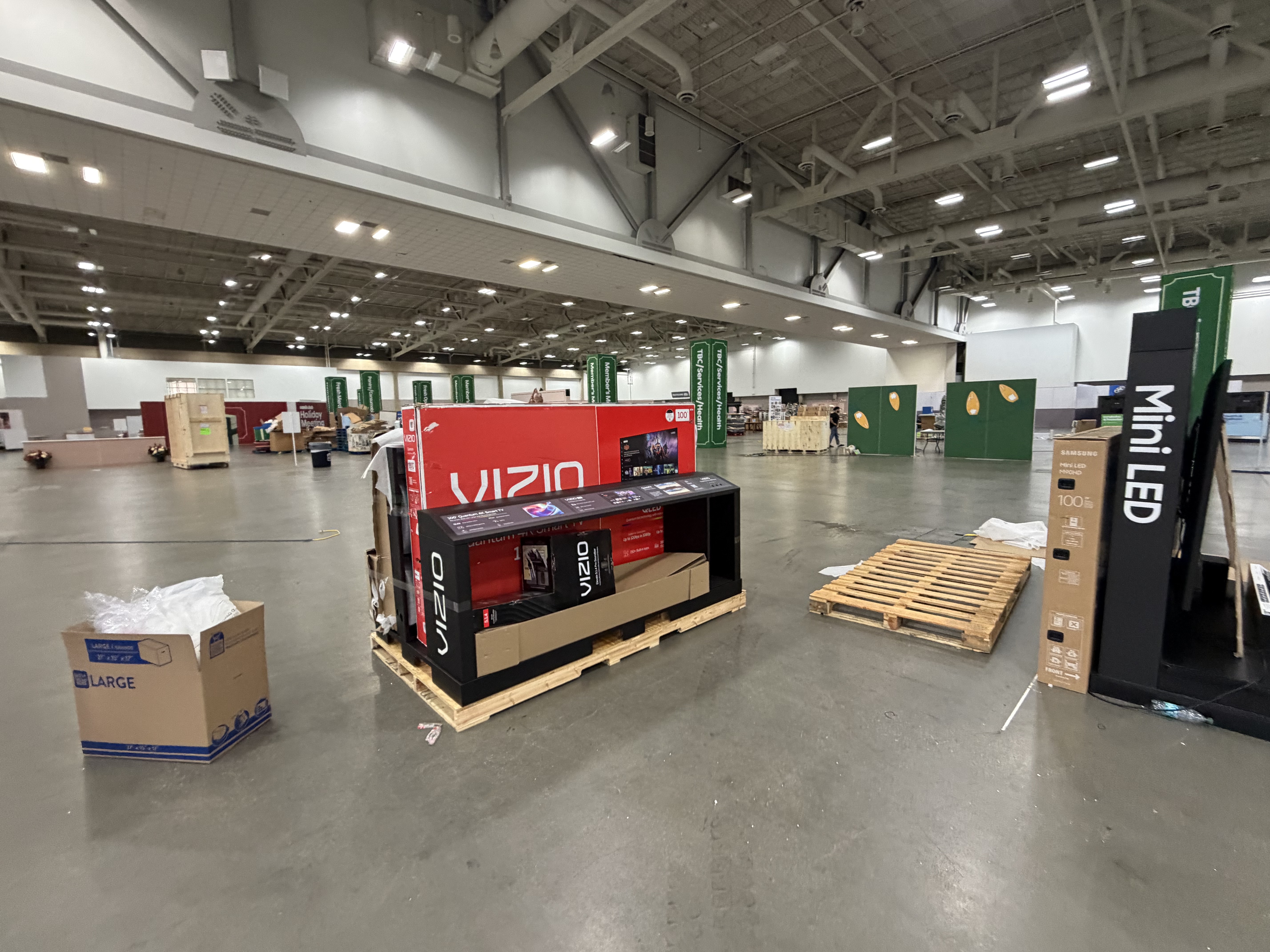 Commercial site with equipment and displays being prepared