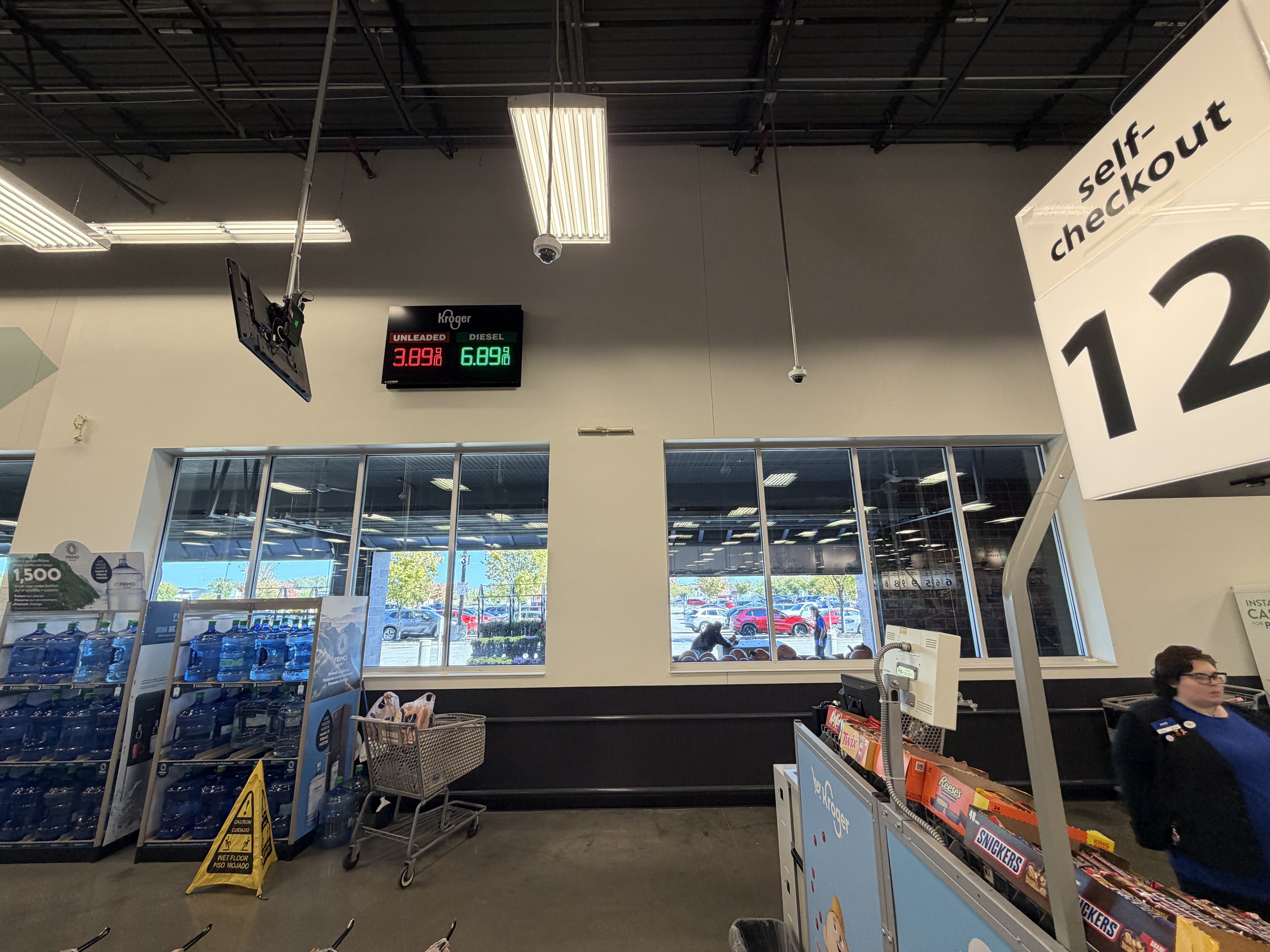 Retail self-checkout area with technology equipment