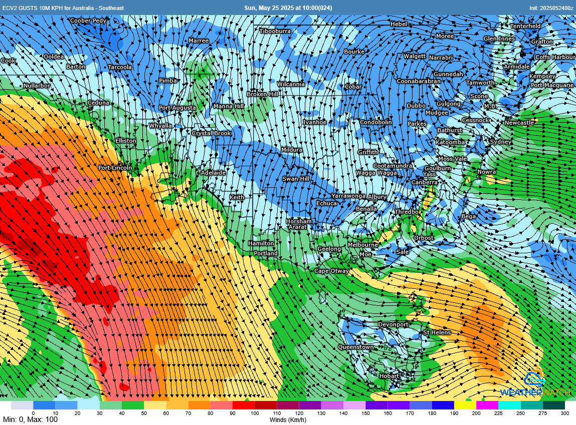 EC wind gusts showing damaging winds across southeastern South Australia on Monday, and then strong winds across Victoria and NSW during Monday and Tuesday.