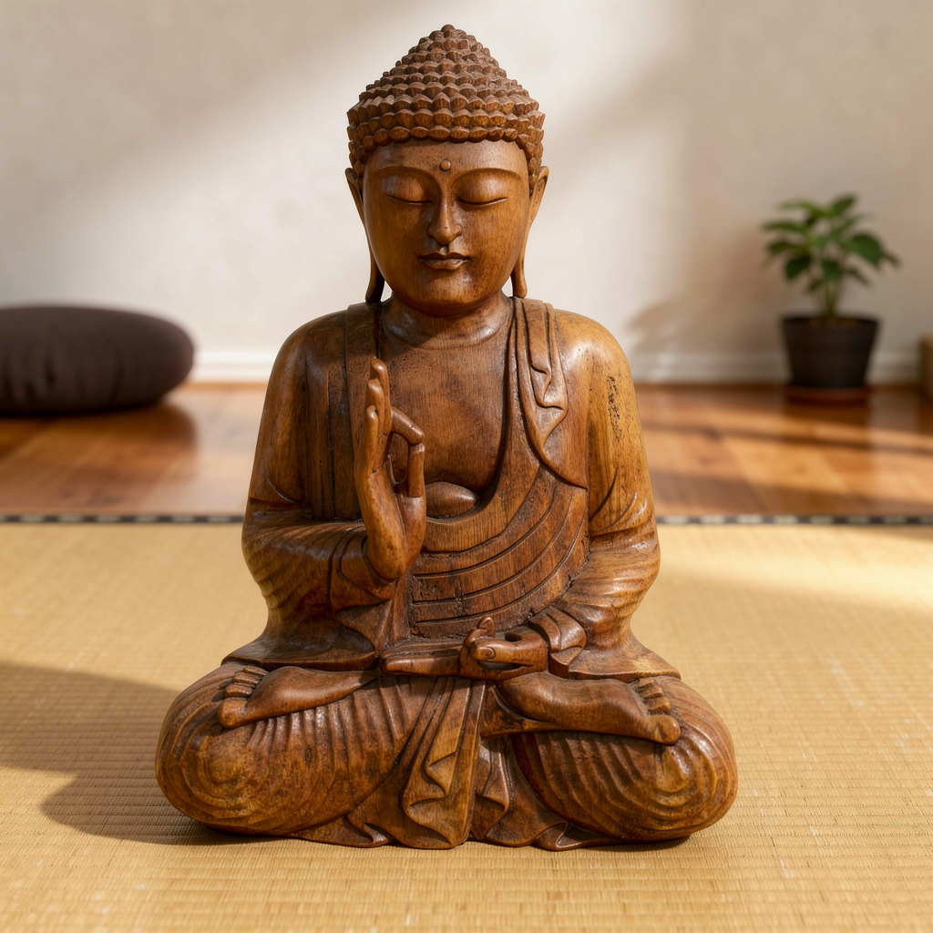 Large hand carved solid wood sitting buddha in ying yang position, 50cm tall, waxed finish, shown from different angles