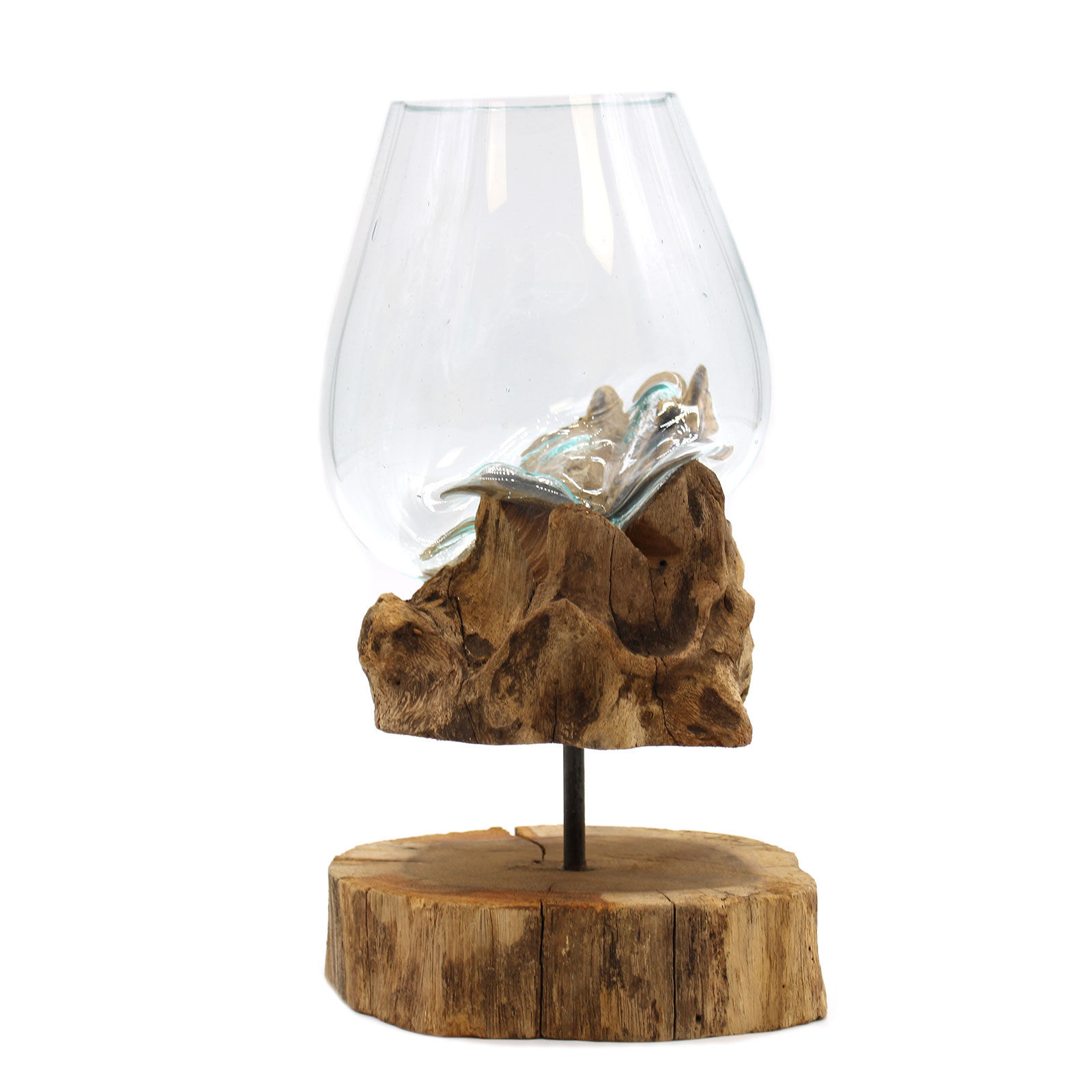 Large melted glass bowl on wooden stand