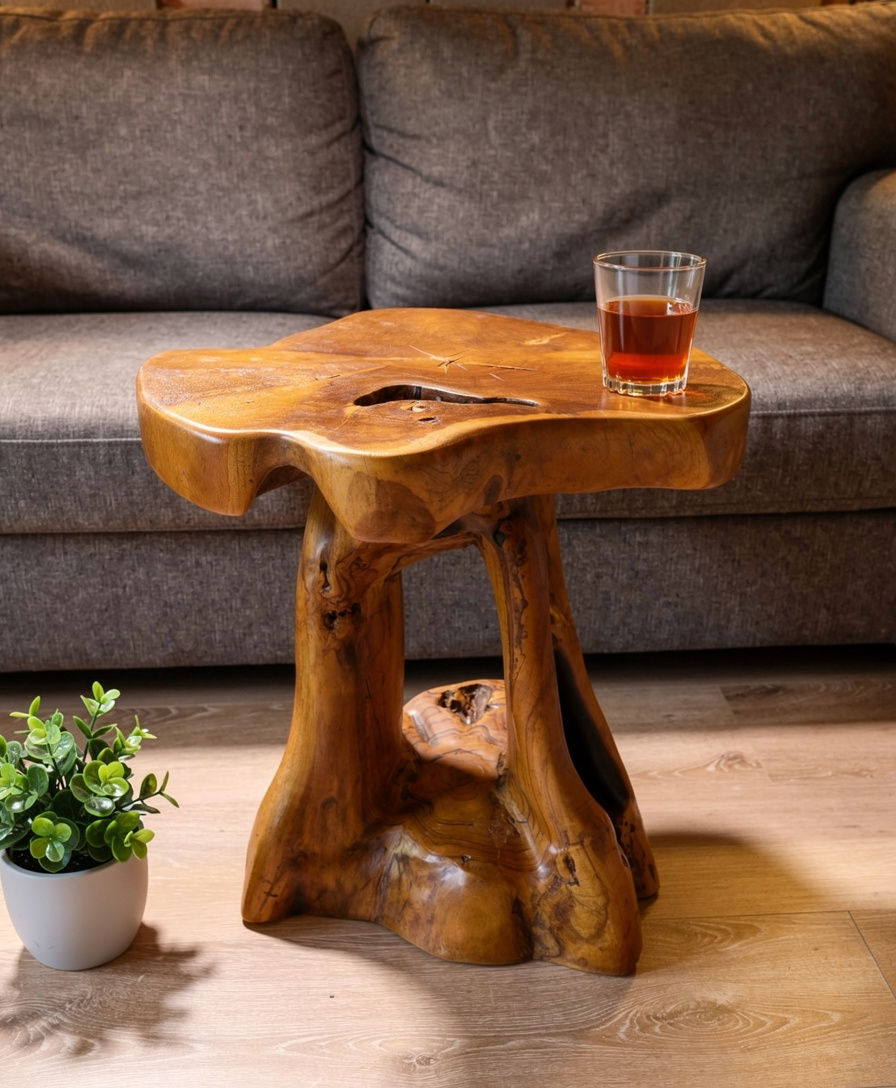 Teak root side table, handcrafted, reclaimed wood, oiled finish approx. 45h x 40x40cm shown from different angles