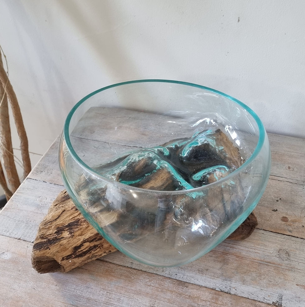 Thumbnail: large melted glass on wood wide bowl shown from different angles
