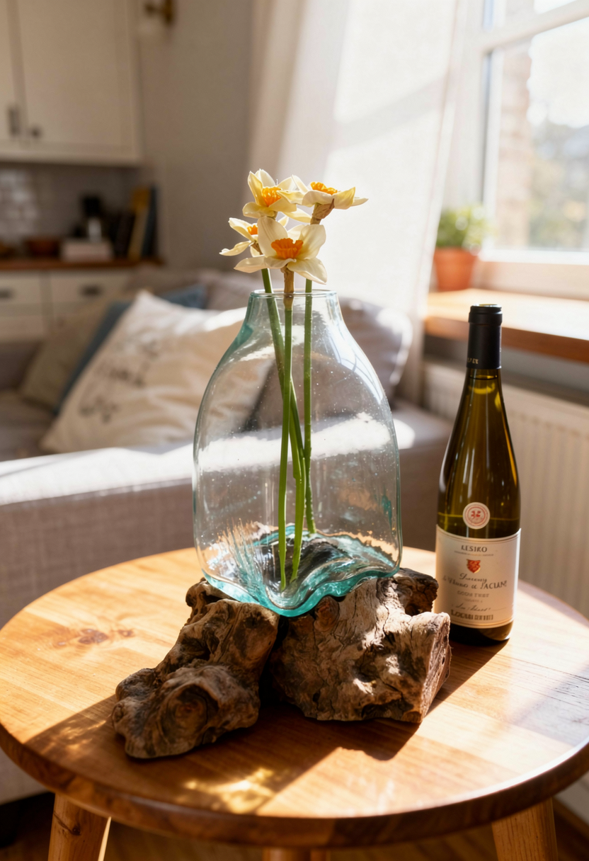 Large melted glass on wood Terrarium or vase shown in living room setting