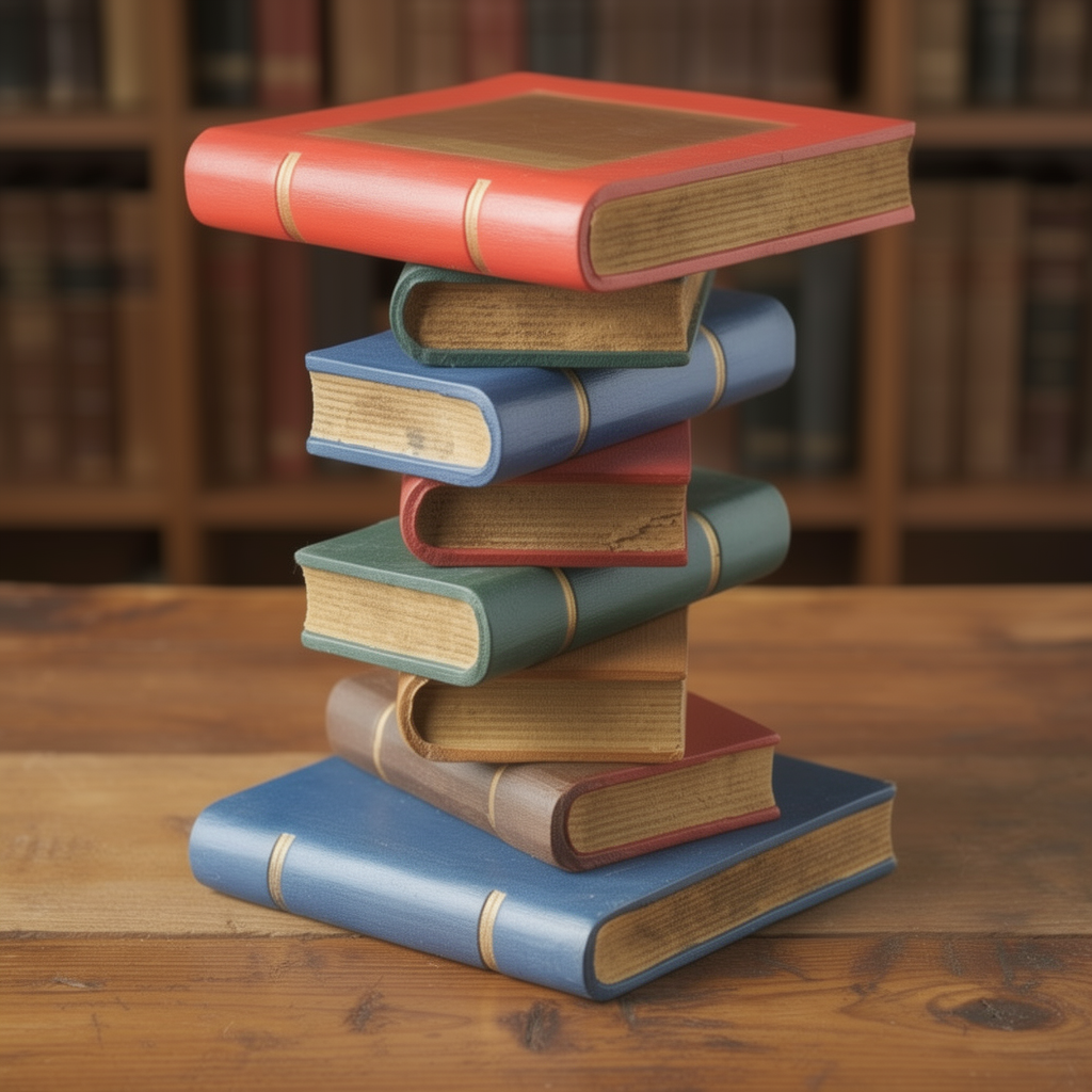 bookstack table 20" tall, hand carved, solid wood, painted finish with gold pages