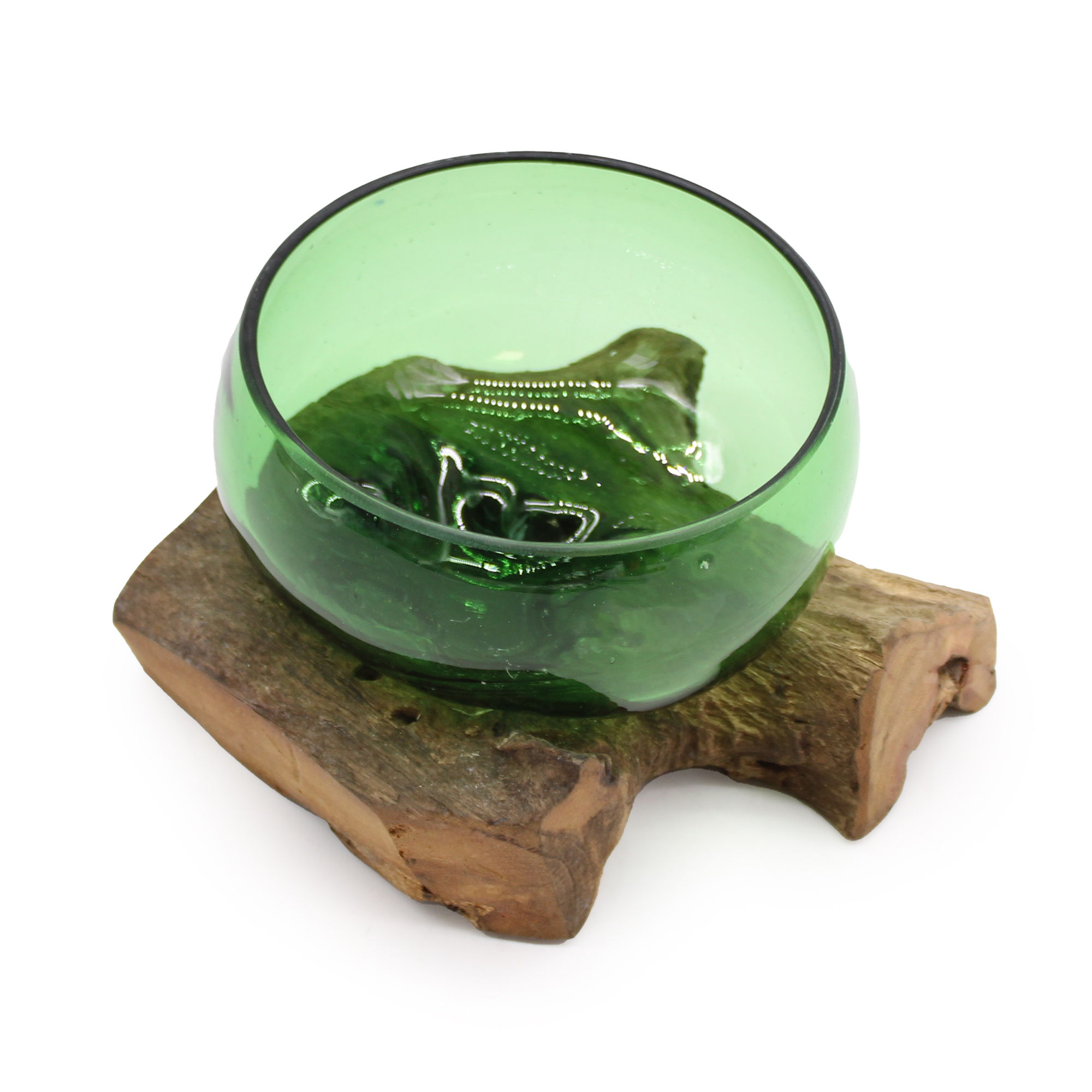 Green melted glass on wood wide bowl - stock image