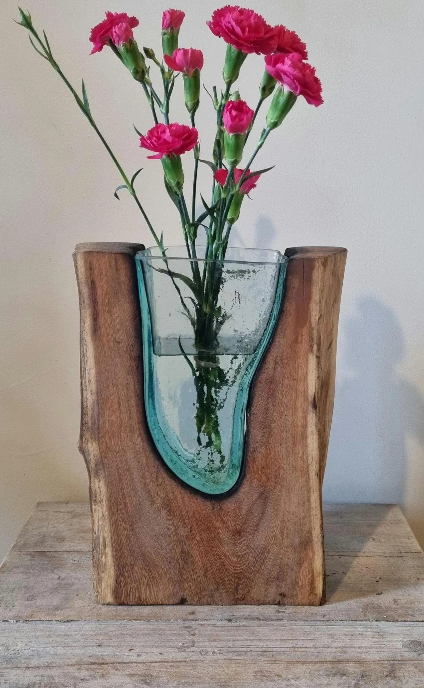 large melted glass on wood wedge vase, handcrafted, reclaimed wood shown from different angles