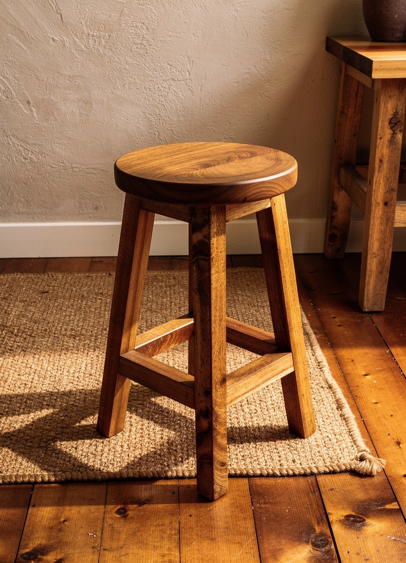 Tall round top stool, solid wood, hand carved, waxed finish 50cm