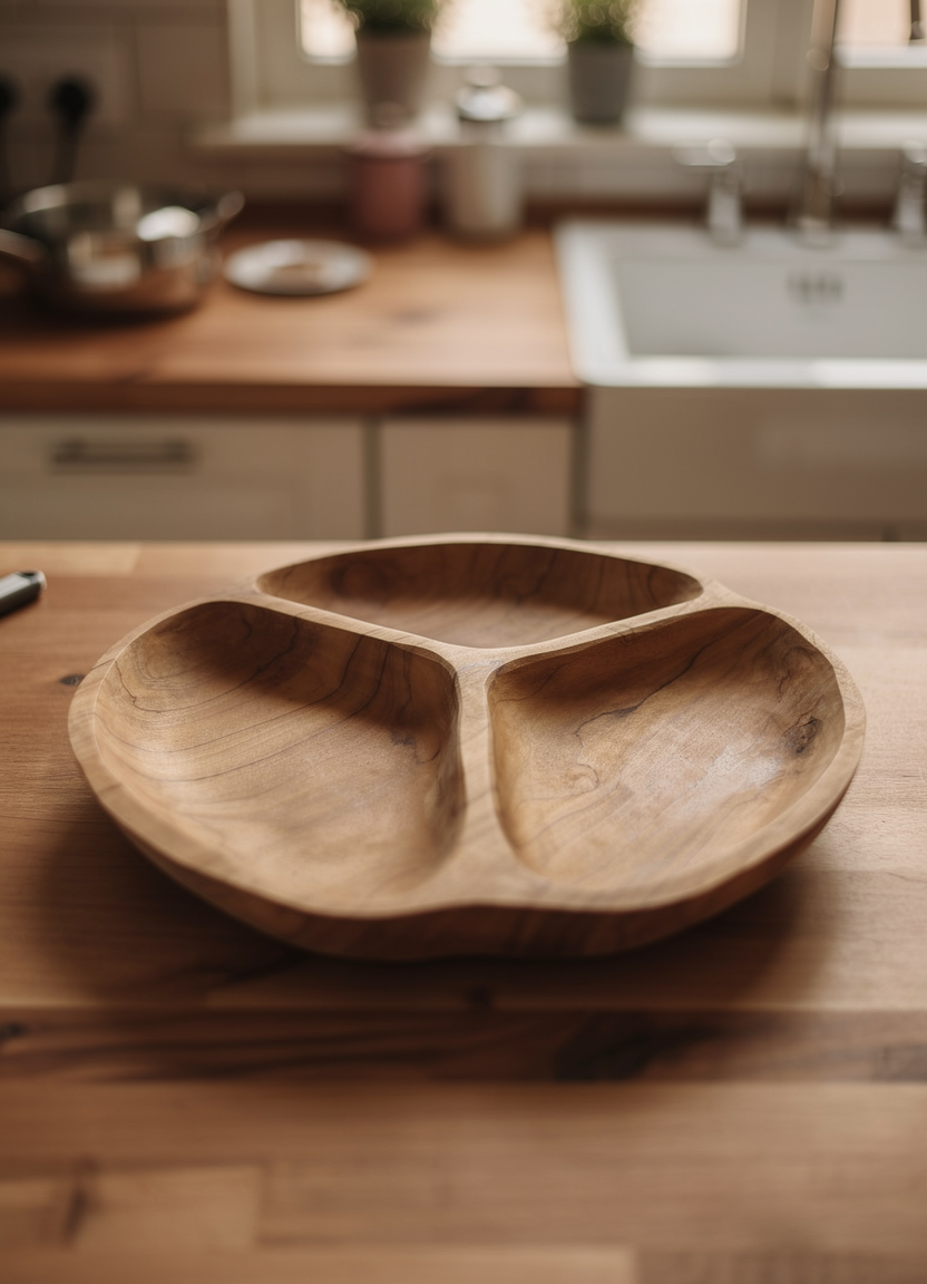 Thumbnail: teak root hand carved 3 section bowl, shown in kitchen setting and from different angles