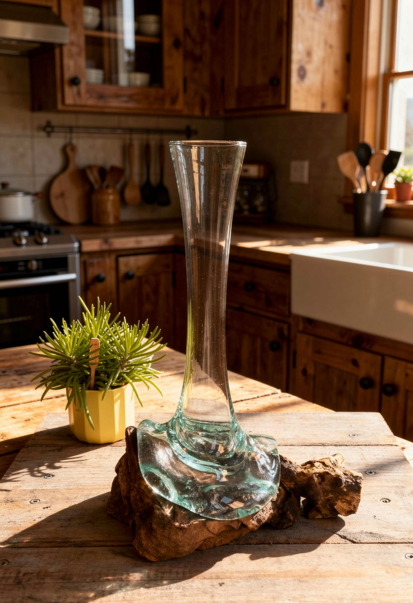 Thumbnail: melted glass vase on rustic wood base shown from different angles and different settings