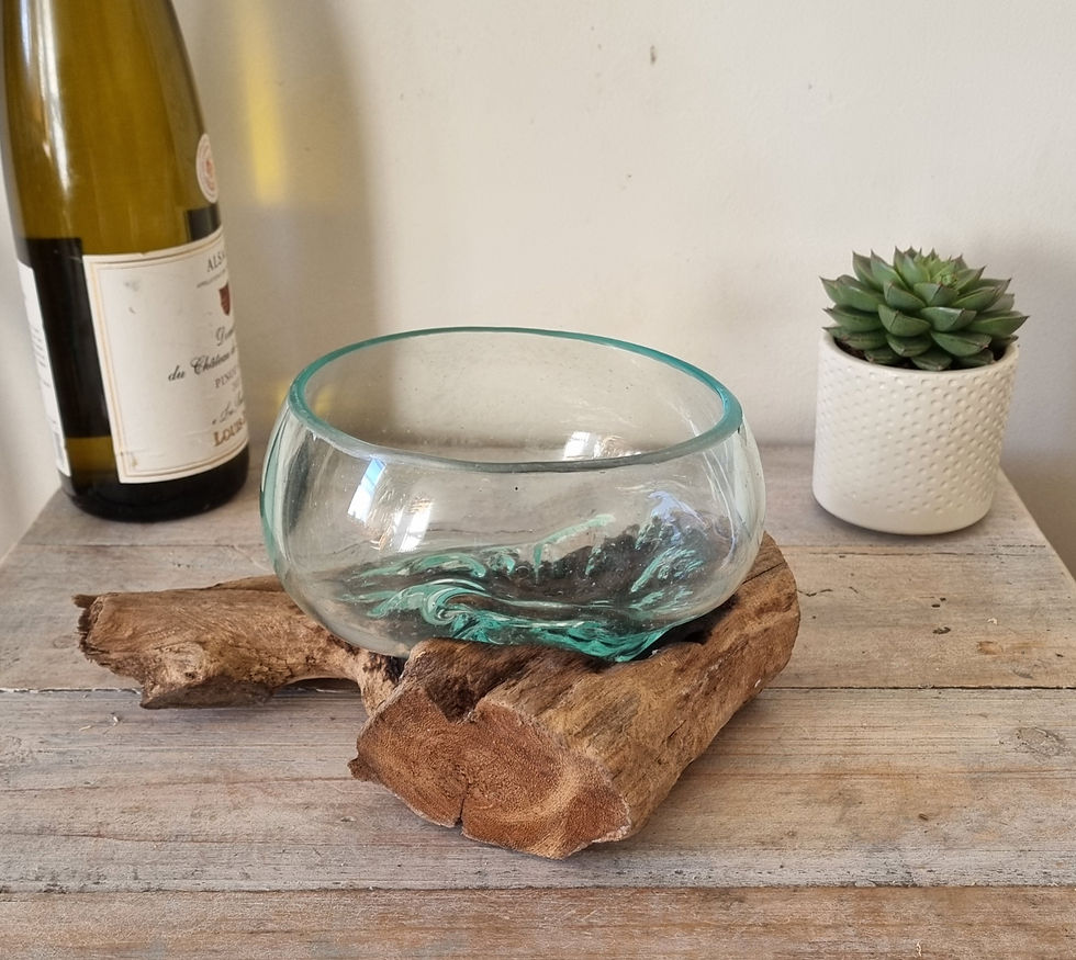 Thumbnail: Melted glass on reclaimed wood bowl, hand blown glass, shown from different angles