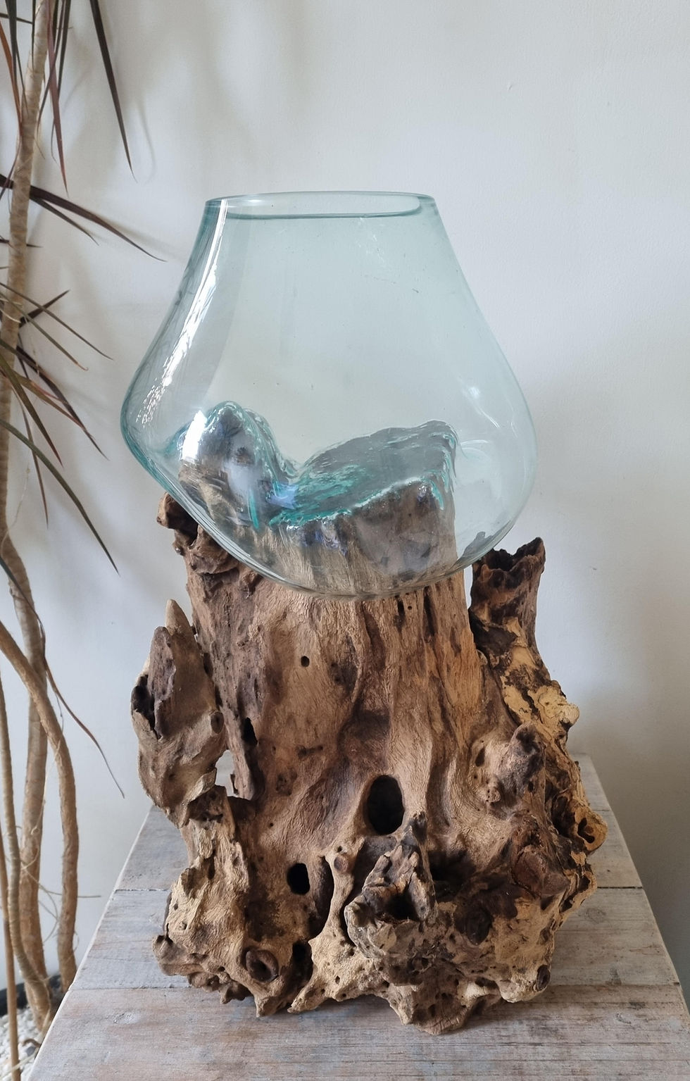 Thumbnail: large melted glass bowl on rustic teak root base, shown from different angles