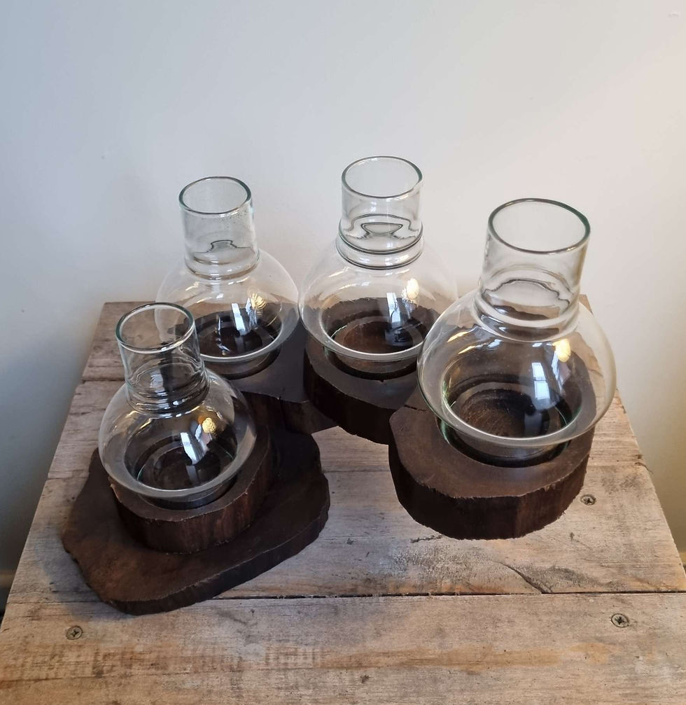 Thumbnail: Teak root folding tealight holder with four glass covers